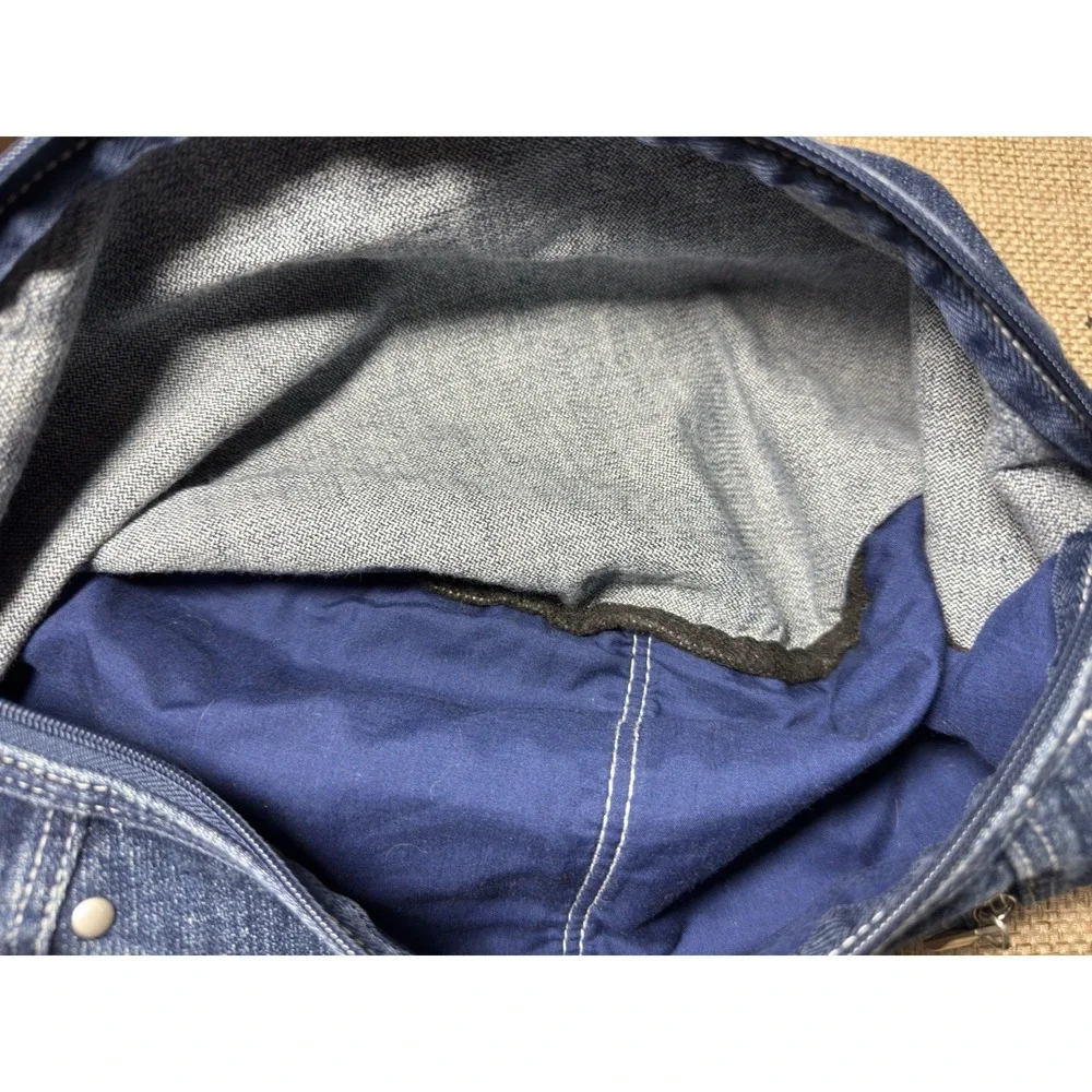 Vtg Denim Y2K Crossbody Hobo Bag Multipocket Zipper Pockets Purse 90s Retro Jean